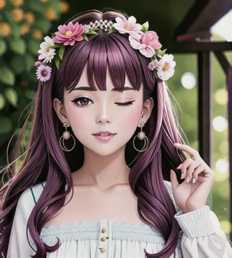 (1girl:0.996), (;d:0.770), (bangs:0.631), (bow:0.549), (cleavage:0.516), (earrings:0.998), (eyebrows_visible_through_hair:0.591), (flower:0.884), (flower_earrings:0.834), (hair_ornament:0.705), (head_wreath:0.621), (index_finger_raised:0.832), (jewelry:0.987), (long_hair:0.928), (looking_at_viewer:0.758), (neck_ribbon:0.626), (one_eye_closed:0.948), (open_mouth:0.942), (pink_hair:0.896), (purple_eyes:0.619), (ribbon:0.714), (smile:0.860), (solo:0.977), (white_flower:0.717)