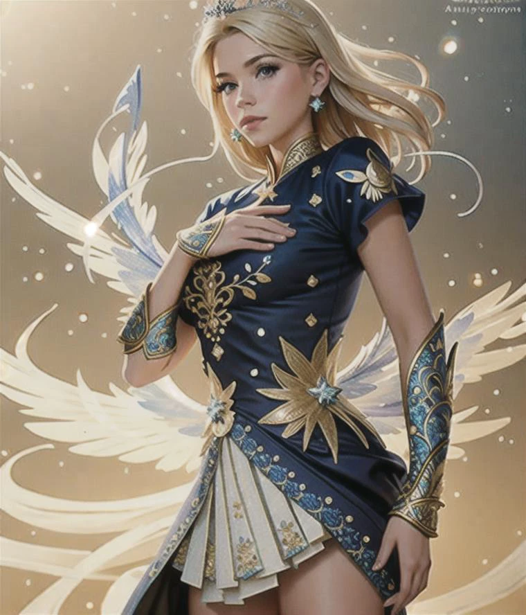 a photography, HD,, photo, woman, beautiful dress ornate, mdjrny-v5, style portrait of a gorgeous blond female in the style of stefan kostic, realistic, half body shot, sharp focus, 8 k high definition, insanely detailed, intricate, elegant, art by stanley lau and artgerm, extreme blur flames background, Princess girl with wing, Blue, Pastel, glitter, dramatic, dreamy, pastel, Watercolor, Whimsical, Delicate, seashell crown, Trending on Artstation, Highly detailed, Intricate, Portrait, digital painting, Fantasy theme, Fantasy robes, Fantasy concept art, Fantasy character art, Smug, age girl, perfect body, full body, dreamy, pastel, Watercolor, Whimsical, Delicate, seashell crown masterpiece, 8k, perfect lighting, , adult, female, cowboy shot, looking at viewer, cinematic lighting, Fawn