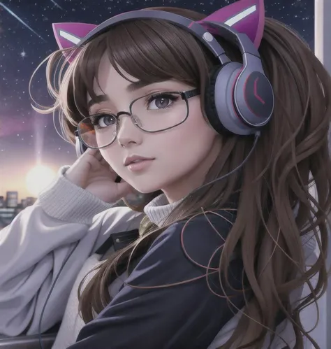 (1girl:1.000), (bangs:0.689), (brown_hair:0.958), (casual:0.599), (cat_ear_headphones:0.865), (glasses:0.984), (hand_on_headphones:0.523), (headphones:1.000), (jewelry:0.785), (lips:0.750), (long_hair:0.972), (long_sleeves:0.573), (necklace:0.849), (night:0.964), (night_sky:0.930), (nose:0.546), (parted_lips:0.593), (purple_eyes:0.507), (sky:0.760), (solo:0.985), (star_\(sky\):0.953), (starry_sky:0.840), (sweater:0.688), (swept_bangs:0.644), (turtleneck:0.766), (upper_body:0.649)