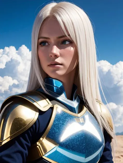 a photography, HD,, photo, woman,realistic, princess warrior, body armor gold, hair white, couple, dramatic lighting, blue sparkle, 8k, hyperrealistic, <lora:hoshino yumemi:1>