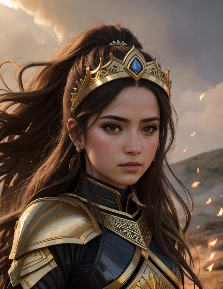 realistic portrait of princess warrior, armor gold, hair black, couple, dramatic lighting, fire smoke sparkle, 8k, hyperrealistic,