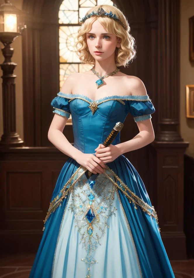 a woman in a blue dress holding a sword, a character portrait, cgsociety contest winner, fantasy art, whimsical, fantasy, hd, dress crystal crystallized pastel ornate drops transparent, hair blonde , fantasy, Medieval, epic hyper-detailed masterpiece ultra-wide, cinematic still , glamour hyper shoot , bokeh, pre-raphaelite, photo, realistic, octane render, 35 mm, photography , 8k resolution , 8 k, cinematic lighting, photographic, Eastman Kodak Color Negative film 5251 50T shot on panavision super , art by Bagshaw Tom, stanley, greg rutkowski, thomas kindkade, norman rockwell,