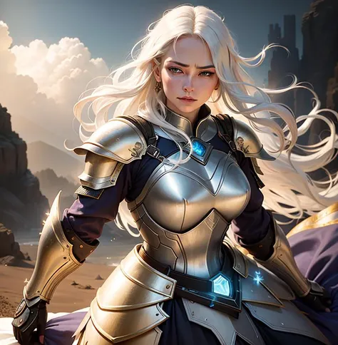 a photography, HD,, photo, woman,realistic, princess warrior, body armor gold, hair white, couple, dramatic lighting, blue sparkle, 8k, hyperrealistic, <lora:hoshino yumemi:1>