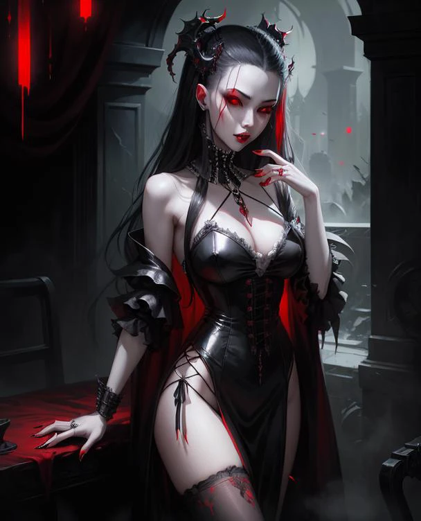a woman dracula, dressed in white and black with red eyes, cyberpunk art by Li Di, cgsociety, gothic art, gothic, rococo, darksynth
