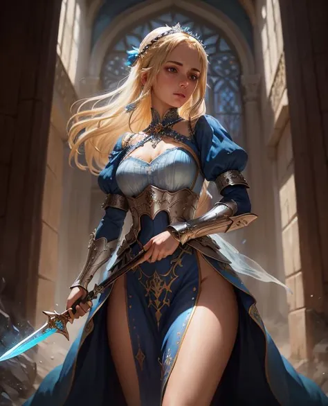 a woman in a blue dress holding a sword, a character portrait, cgsociety contest winner, fantasy art, whimsical, fantasy, hd, dress crystal crystallized pastel ornate drops transparent, hair blonde , fantasy, Medieval, epic hyper-detailed masterpiece ultra-wide, cinematic still