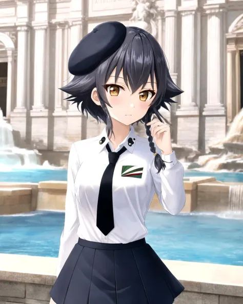 <lora:Pepperoni-10:1> Pepperoni , black hair , short hair , brown eyes, side braid, solo , 1girl , anzio school uniform , beret , skirt , white pantyhose , necktie , rome background , trevi fountain , Photograph , white shirt ,