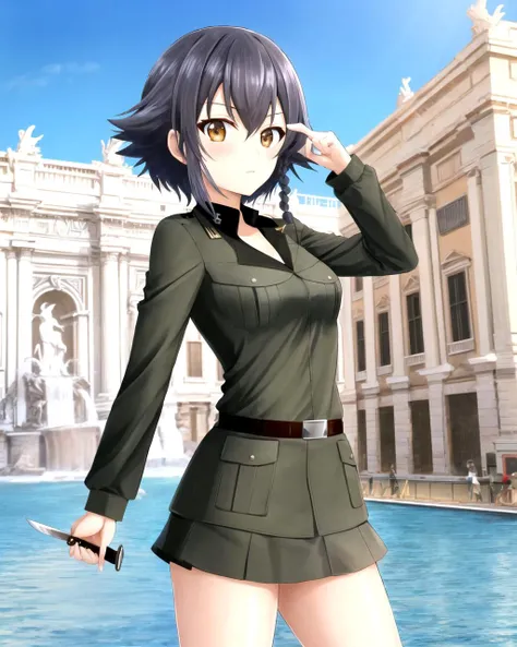 <lora:Pepperoni-10:1> Pepperoni , black hair , short hair , brown eyes, side braid, solo , 1girl , anzio military uniform , rome background , trevi fountain , Photograph , belt , miniskirt , knife ,grey  jacket ,
