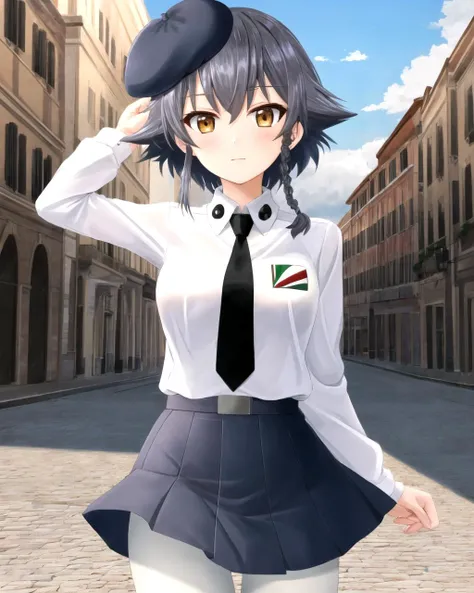 <lora:Pepperoni-10:1> Pepperoni , black hair , short hair , brown eyes, side braid, solo , 1girl , anzio school uniform , beret , skirt , white pantyhose , necktie , rome background ,