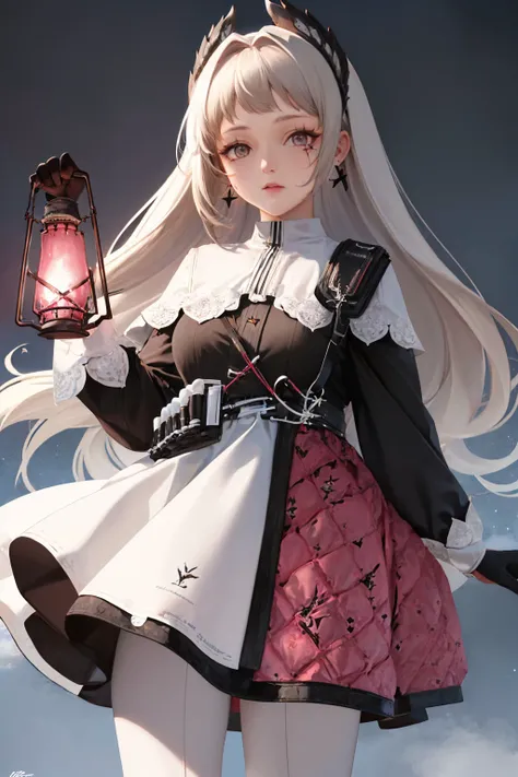 (masterpiece, best quality:1.2), solo, 1girl, irenedef, expressionless, looking at viewer, holding, lantern, head wings, black jacket, long sleeves, black gloves, white skirt, white pantyhose, earrings <lora:arknights_irene:1.0>