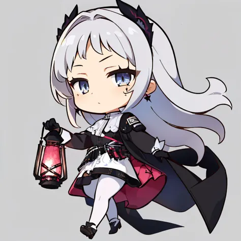 (masterpiece, best quality:1.2), chibi, simple background, white background, solo, 1girl, irenedef, expressionless, looking at viewer, holding, lantern, head wings, black jacket, long sleeves, black gloves, white skirt, white pantyhose, earrings <lora:arknights_irene:0.9> <lyco:DarkCabalChibiStyle:1.0>