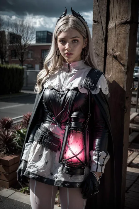 (realistic:1.3), finely detailed, quality, rembrandt lighting, (masterpiece:1.2), (photorealistic:1.2), (best quality), (detailed skin:1.3), (intricate details), dramatic, ray tracing, 1girl, irenedef, 21 years old, detailed skin texture, (blush:0.5), (goosebumps:0.5), subsurface scattering, expressionless, grey hair, grey eyes, head wings, white capelet, black cape, black shirt, long sleeves, black gloves, (white pink skirt:1.2), white pantyhose, earrings, holding, lantern, (gloomy, cloudy, outdoors), <lora:arknights_irene:1>