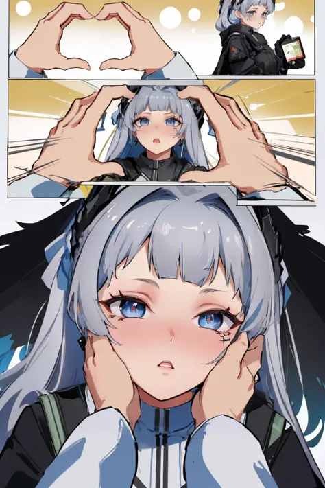 (masterpiece, best quality:1.2), IncrsSnootChallenge, comic, pov hands, 1girl, irenedef, head wings, black jacket, earrings <lora:arknights_irene:1.0> <lyco:SnootChallenge:1.0>