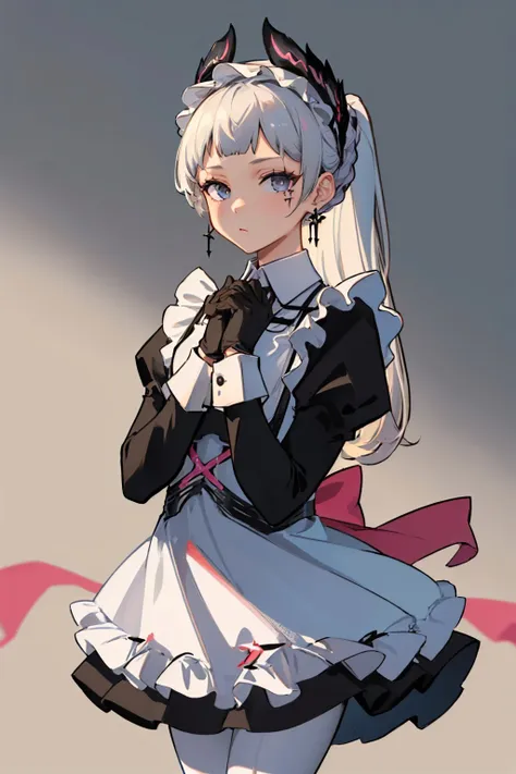 (masterpiece, best quality:1.2), solo, 1girl, irenevoy, expressionless, looking at viewer, own hands together, head wings, maid, black dress, apron, long sleeves, puffy sleeves, black gloves, white pantyhose <lora:arknights_irene:1.0>