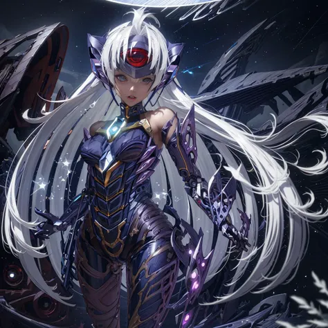 masterpiece,best quality,ultra-detailed,very detailed illustrations,extremely detailed,intricate details,highres,super complex details,extremely detailed 8k cg wallpaper,cowboy shot,
caustics,reflection,ray tracing,demontheme,nebula,dark aura,cyber effect,
(1girl:1.4),solo,alone,mecha musume,mechanical parts,robot joints,single mechanical arm,headgear,
mechanical halo,star halo,(intricate mechanical bodysuit:1.2),mecha corset,kimono,full armor,
very long hair,white hair,hair between eyes,multicolored hair,colored inner hair,
red eyes,glowing eye,eye trail,
random expressions,random action,
ancient japanese architecture,pond,starry sky,skyline,
blue_theme,mecha musume,mechanical parts,robot joints,headgear,full armor,
<lora:A-Mecha Musume_REN:1>,
<lora:T-ElosV2D8:1> TElosXenoblade2, TElosXenosaga,
