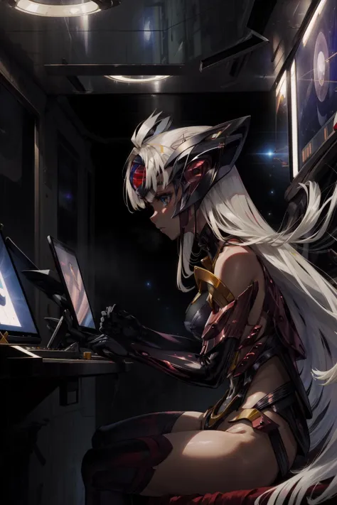 masterpiece,best quality,1girl,TElosXenosaga,expressionless,sitting,against wall,spacecraft interior,science fiction,from side,<lora:T-ElosV2D8:1>,