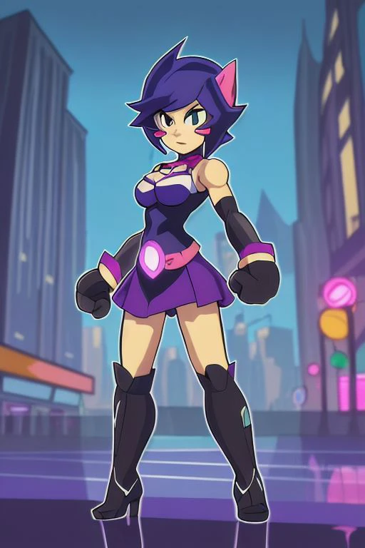 mix4 ,cartoon concept,brawlhalla style,1girl,cute,cityscape, night, rain, wet,professional lighting, photon mapping, radiosity, , full body,thighhighs,legs together, breasts, peeing,