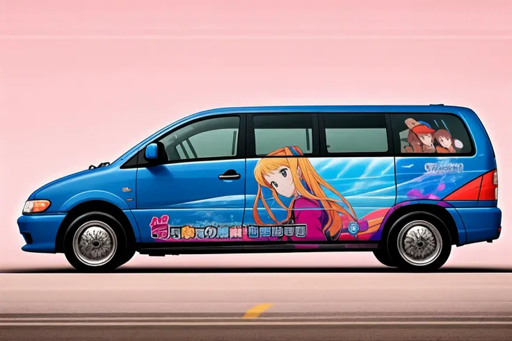 <lora:itashadesign2:0.55>, realistic photo itasha design, large bus with anime girl face