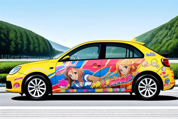 <lora:itashadesign2:0.55>, realistic photo itasha design, vw bug with anime girl face