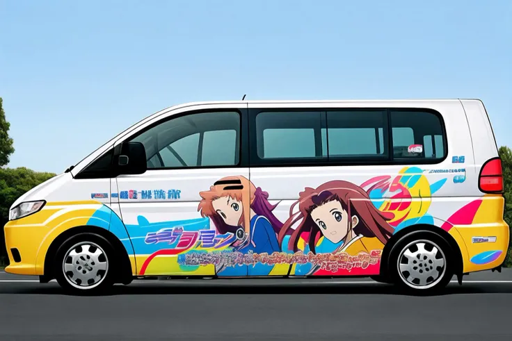 <lora:itashadesign2:0.55>, realistic photo itasha design, large bus with anime girl face