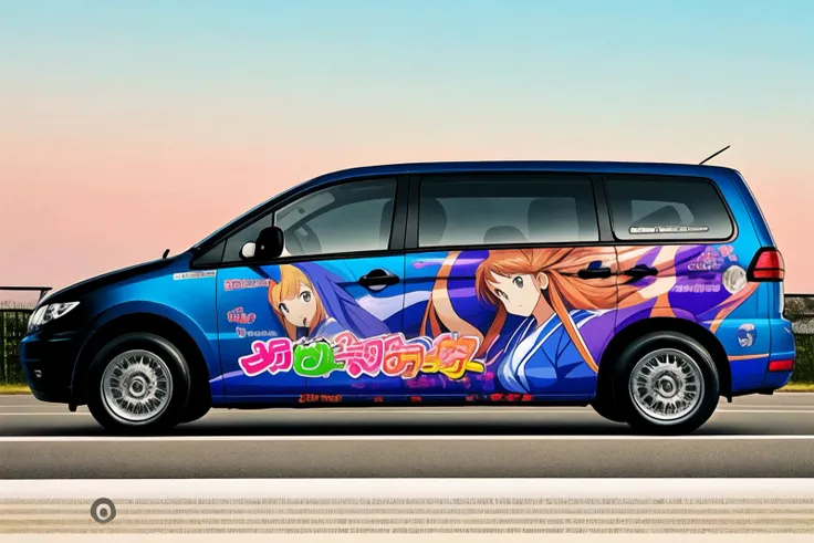 <lora:itashadesign2:0.55>, realistic photo itasha design, bus with anime girl face, motor vehicle, ground vehicle, vehicle focus