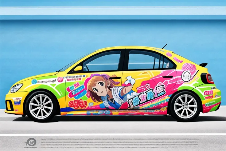 <lora:itashadesign2:0.55>, realistic photo itasha design, vw bug with anime girl face