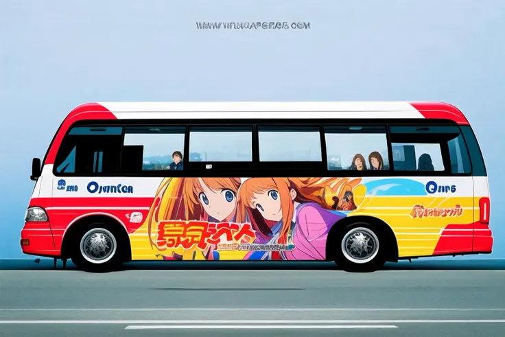 <lora:itashadesign2:0.55>, realistic photo itasha design, large bus with anime girl face