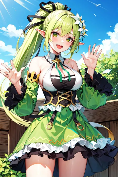 8k, RAW photo, best quality, masterpiece:1.2, 1girl,solo, curvy, blonde hair, blue eyes, blush, smile, :D,huge breasts, cleavage, breasts out, open clothes, nsfw, long hair, looking at viewer, white pantyhose, green and white dress, white gloves, vert_/neptune series/:1.3