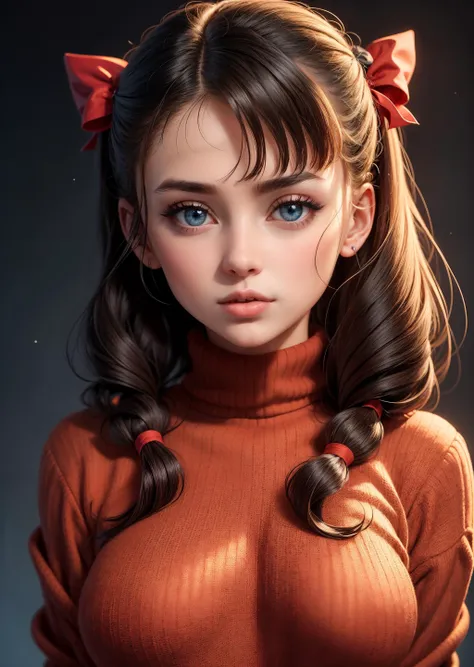 1girl, tohsaka rin, solo, long hair, sweater, red sweater, looking at viewer, blue background, black hair, simple background, two side up, turtleneck, blue eyes, lips, closed mouth, ribbon, hair ribbon, bangs, turtleneck sweater, upper body, parted bangs, black ribbon, ribbed sweater, twintails, nose,