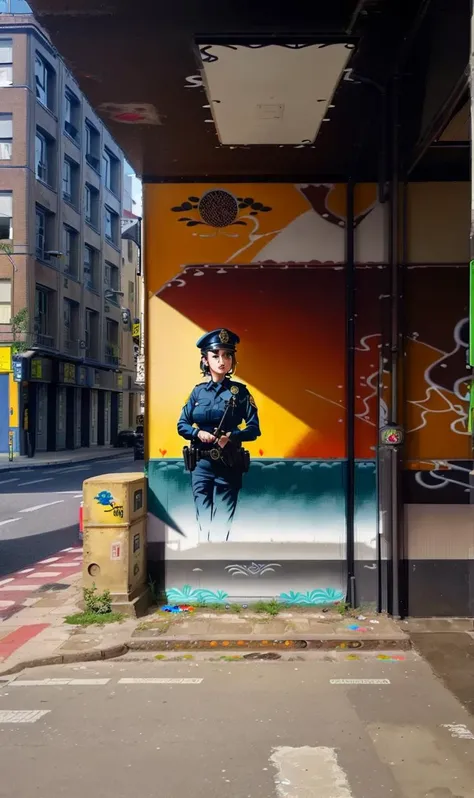 (street_art:1.2), , female,officer, portrait, modern police station, highest quality, highly detailed, intricate, realistic, indoors,Bold Cream Bright Yellow, Dieselpunk, straight hair, Taiwanese, masterpiece, the greatest details, 8k, UHD, HDR, incredibly intricate, <lora:street_art:1>, simple flat wall painting