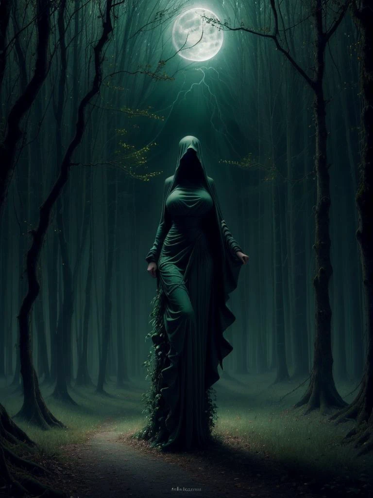 (((medium shot:1.5))) a stunning detailed background (A dark, mysterious forest with twisted branches and creeping vines, moonlight,midnight, dark, )standing in a dark room, mid age, milf, dark theme, ((tiny waist, medium hips, big natural breast)) <lora:g0s1 - Ghost:0.7>, g0s1, ghost,hood,torn cloak, faceless, nature, forest, night, fog, night sky, 1girl, solo, breasts, no humans, floating, green robes, lightning, headstones, small glowing rats, soft light from below,