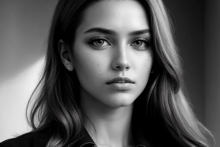 ((highest quality)), ((natural lighting)), sfw, black and white:0.5, portrait of woman, serious face expression, [[moles]], healthy skin, beauty marks,