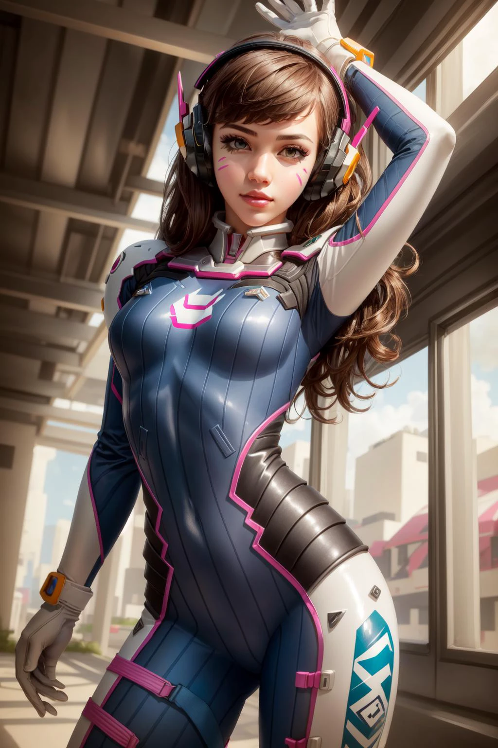 (masterpiece, best quality), intricate details,
1girl, <lora:dva:0.8> 1girl, d.va (overwatch), solo, long hair, whisker markings, bodysuit, brown hair, facial mark, gloves, breasts, brown eyes, pilot suit, cowboy shot, headphones, white gloves, medium breasts, swept bangs, skin tight, animal print, bangs, bunny print, ribbed bodysuit, facepaint, pink lips,