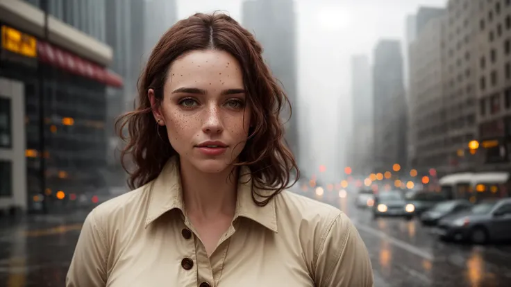 ((highest quality)), ((natural lighting)),  portrait of adult woman, [freckles, moles] beauty marks, urban city, raining,  fog, depth of field,  full body image,