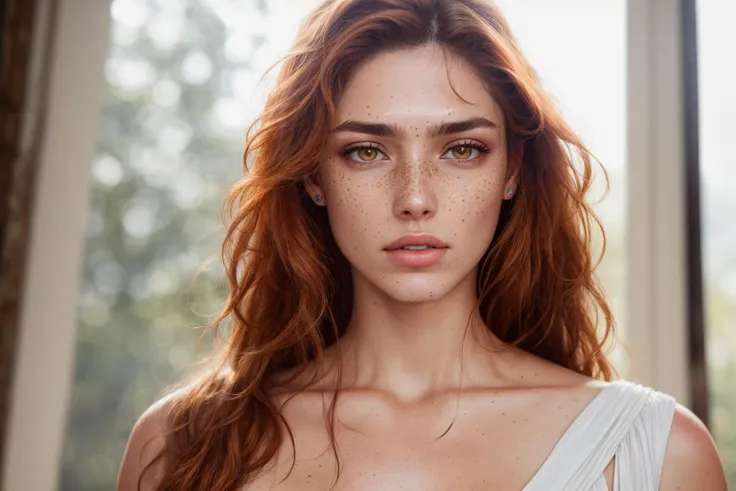 ((highest quality)), ((natural lighting)), 8k, ((sfw)), one woman, full body image, serious face expression, freckles, moles, beauty marks,