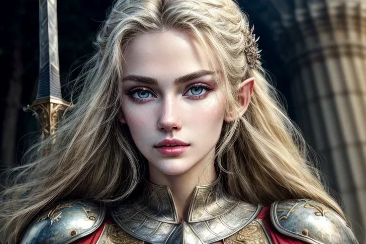 (masterpiece:1.3), (best quality:1.2), (hyperrealistic:1.4), (professional photograpy:1.1) ((photorealistic), realistic face), skin pores, beautifully detailed woman, realistic face, detailed mouth, extremely detailed eyes_and_face, beautiful attractive face, beautiful detailed eyes, (photorealistic), pronounced feminine feature, best quality, beautiful face, elf, holding sword, armor, long blonde hair, back to camera, looking back, eye contact, full body portrait, on a battlefield, triumphant, shiny skin, matte eyeshadow, eyelashes, eyeliner, perfect thin body, smooth skin, dynamic posing, toned body, flat belly, <lora:detailed_eye:1>, <lora:add_detail:1>