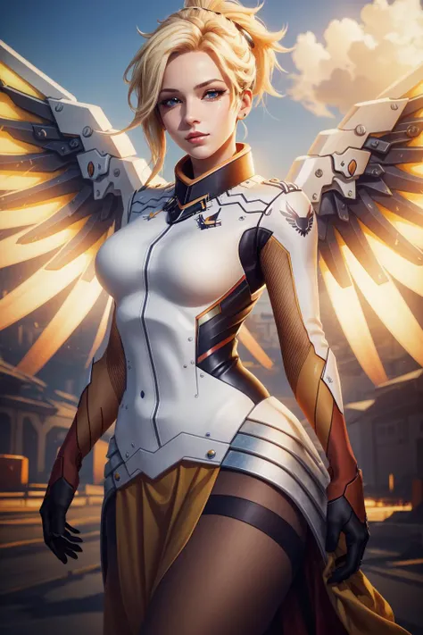 (masterpiece, best quality), intricate details,
1girl, <lora:mercy:0.8> 1girl, solo, mercy (overwatch), mechanical halo, breasts, blue eyes, blonde hair, pantyhose, mechanical wings, wings, halo, holding, bodysuit, cowboy shot, yellow wings, brown pantyhose, lips, gloves, pelvic curtain, black gloves,