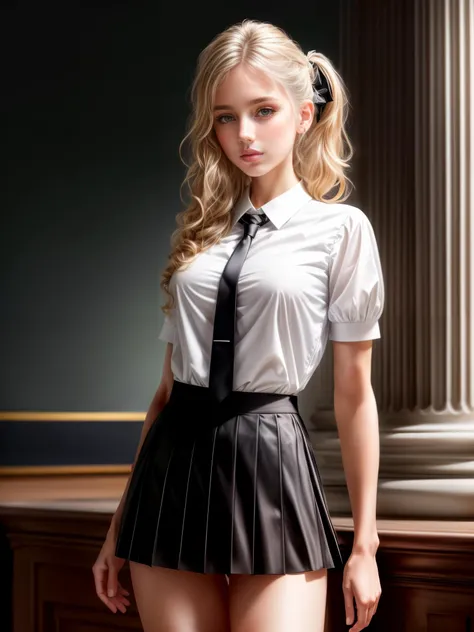 (masterpiece), (best quality), (extremely detailed), 1girl, skinny, small breasts, tight black skirt, skinny fit white shirt, tie, ((long white socks)), school background, pigtail blonde hairs, pink lips, (full body shot), realistic, Good Highlights, Perfect Proportions, dynamic, Professional, Award winning, (high detailed skin), (high detailed face), photorealistic, HDR, ultra highres, absurdres, <lora:add_detail:1>