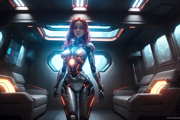 (8k, RAW photo, best quality, masterpiece:1.2), (realistic, photo-realistic:1.37), ((1girl:1.6)), professional lighting, physically-based rendering, full body, dynamic pose,
(a beautiful cybernetic woman, synthetic body, higly complex robotic body)
(spaceship, futuristic ship:1.3), (red hair1.3)
(medium robotic breasts, erect nipples)