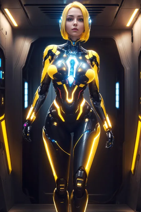 (8k, RAW photo, best quality, masterpiece:1.2), (realistic, photo-realistic:1.37), ((1girl:1.6)), professional lighting, physically-based rendering, full body, dynamic pose,
(a beautiful cybernetic woman, synthetic body, higly complex robotic body)
(spaceship, futuristic ship:1.3), (yellow hair:1.3)
medium breasts, erect nipples