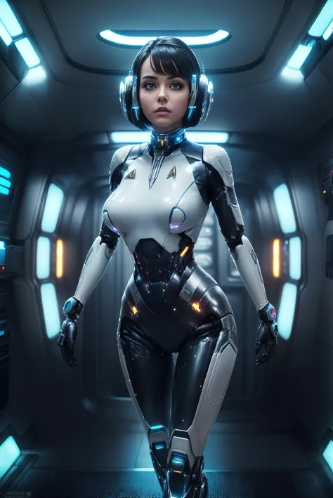 (8k, RAW photo, best quality, masterpiece:1.2), (realistic, photo-realistic:1.37), ((1girl:1.6)), professional lighting, physically-based rendering, full body, dynamic pose, 
(a beautiful cybernetic woman, synthetic body, higly complex robotic body, silver) 
(spaceship, futuristic ship, star trek enterprise:1.3), (black hair, short bob style:1.3) 
(medium breasts, erect nipples:1.3)