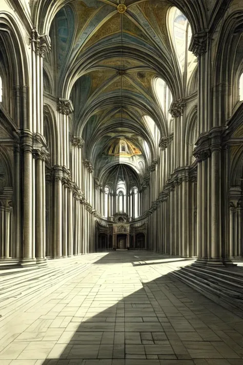 masterpiece,best quality,<lora:tbh250-:0.7>,illustration,style of Perspective drawing, davincitech In a grand cathedral with the St Peters Basilica in the background, <lora:DaVinciTech:0.7>