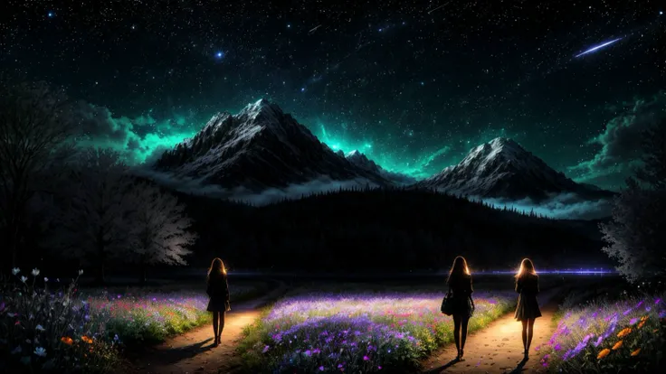 score_9, score_8_up, score_7_up, 1girl, back to the viewer, long hair, blowing in the wind, night walk, starry sky, dark theme, clouds, path from the mountain, field of flowers, glowing petals, fireflies, luminescence, night, fantasy, purple shades
<lora:DarkIncursioStyle:0.8>
<lora:epi_noiseoffset2:1.0>,
<lora:Expressive_H:0.8> expressiveh,
<lora:more_details:0.7>
<lora:Concept Art DarkSide Style LoRA_Pony XL v6:0.8> concept art, realistic, summer Night