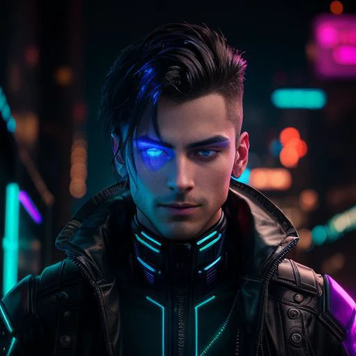 A headshot of a man in his late 20s with a futuristic, cyberpunk aesthetic. He has short, messy dark hair, sharp facial features, and piercing eyes. His face is partially covered by sleek, high-tech implants integrated into his skin, glowing with neon blue and purple lights. Metallic circuits run across his cheekbones and jawline, while a small digital interface is visible near his temple. The background is dark, with faint neon city lights in the distance, creating a moody, dystopian atmosphere