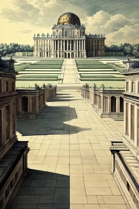 masterpiece,best quality,<lora:tbh250-:0.7>,illustration,style of Perspective drawing, davincitech In a sprawling public park with the Palace of Versailles in the background, <lora:DaVinciTech:0.7>