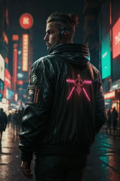 (masterpiece:1.1), hi-res, 4k, photorealistic,<lora:Anya Joy:0.8>, cyberpunk, neon color, night time lights,backlighting, <lora:Bodysuit v13:0.5>, jacket,CyberpunkAI,neon,