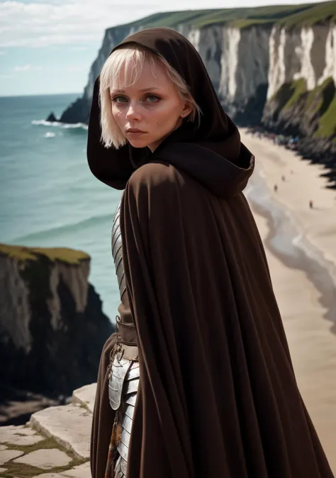 Gorgeous, thin, (dark eyeliner, eye pencil), serious expression, (alone), Shinhati, (long bangs), [ivannaSak1], grey eyes, cloak, robe, breastplate (brown shirt), (vambraces), black gloves, belt, breathtaking seaside cliff setting, masterpiece, extreme details, ((bright bokeh, 35mm, Canon 5D))  <lora:ShinHati_V1-Manityro-dadapt:0.8>