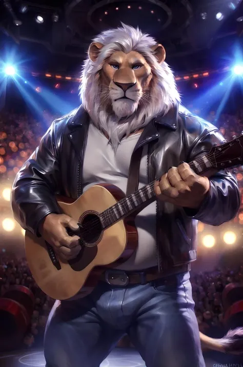 (by taran fiddler), (by darkgem:0.8), (by chunie:1), masterpiece,
detailed fur, portrait, seductive, looking at viewer, singing, (anthro claycalloway:1.2), lion, (detailed pixar eyes:1.2), detailed eyes, male,
standing, relaxed, musclegut, white hair, holding electric guitar, leather jacket,
(detailed stage background), (inside), <slora:add_detail:0.3>, <lora:LoraClaycallowayBY_claycalloway:1>