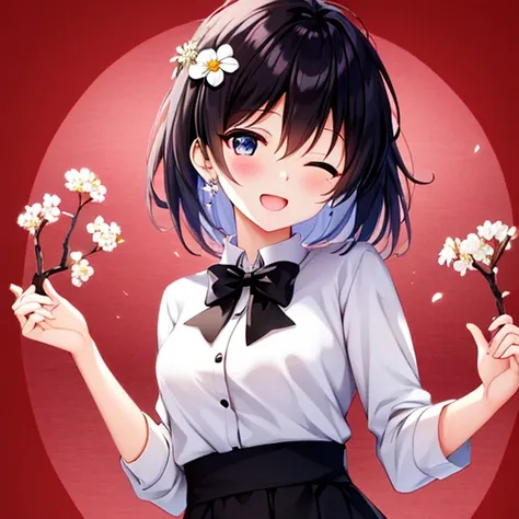 detailed,masterpiece, best quality,
1girl, solo, smile, bangs,hair ornament, hair flower,, blue eyes, short hair,, bare shoulders, blue hair, hair between eyes, white flower, blue flower,black hair,streaked hair
eye closed, open mouth, blush,smile, upper body,full head, looking at viewer
black bow, black bowtie, bow, bowtie,collared shirt,(white shirt),(long sleeves,)
branch, cherry blossoms, daisy, earrings, floral background, flower, flower \(symbol\), flower earrings, flower field, hair ornament, jewelry, lily \(flower\), looking at viewer, petals, pink flower, plum blossoms, red background, spring \(season\),
