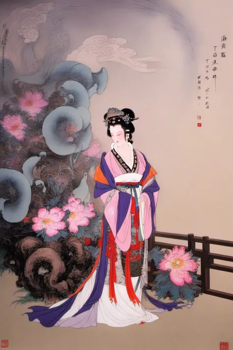 1girl, hair ornament, flower, solo, black hair, hair flower, shawl, updo, long sleeves, chinese clothes, holding, closed eyes, wide sleeves, hanfu, full body, standing, forehead mark, closed mouth, <lora:å½ç»_ä»å¥³_V1.0XL:1>, masterpiece, best quality,