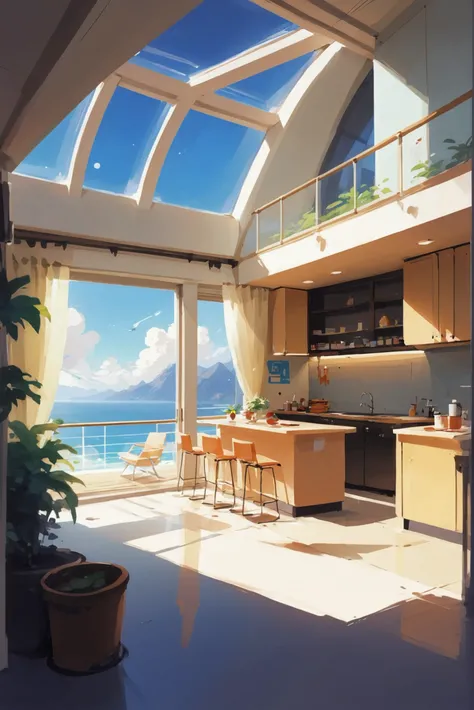 soft digital painting, cute, anime style, natural sunlight, interior, in a Spacious skyport<lora:EnvyStarlightCute03:1>
